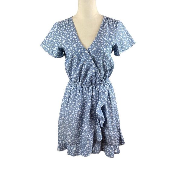 J. Crew Mercantile V-Neck Short Sleeve Denim-Look Dress W/White Flowers, Size XS - Picture 1 of 9